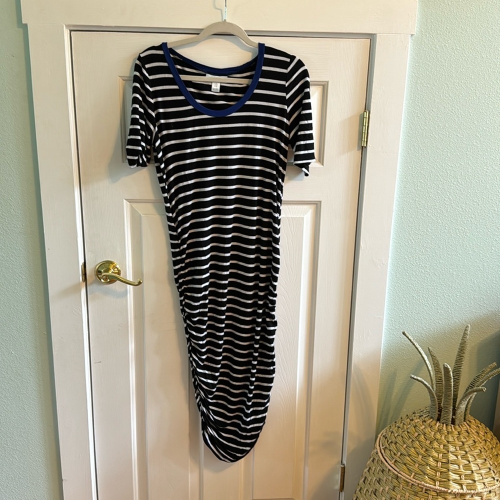 Maternity maxi/midi dress. Black and white stripe with blue collar